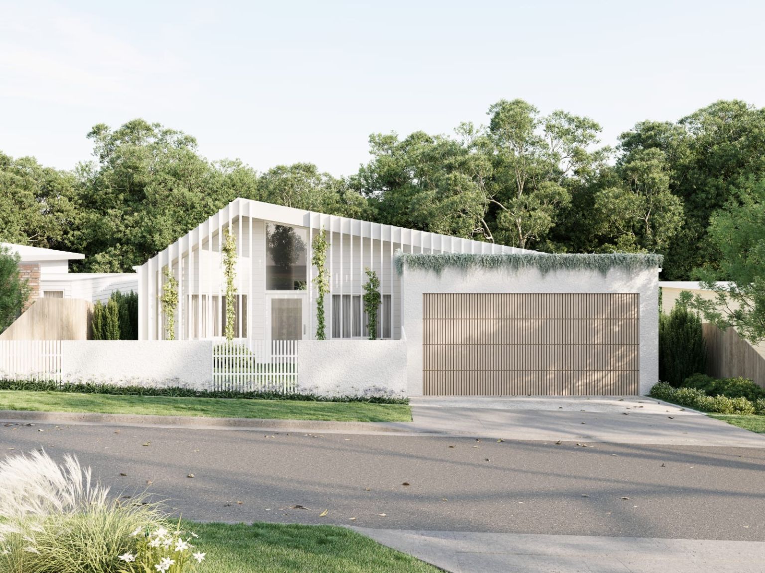 20 Elsvern Avenue, Belmont - modern single-storey home exterior with white cladding, double garage and landscaped front garden
