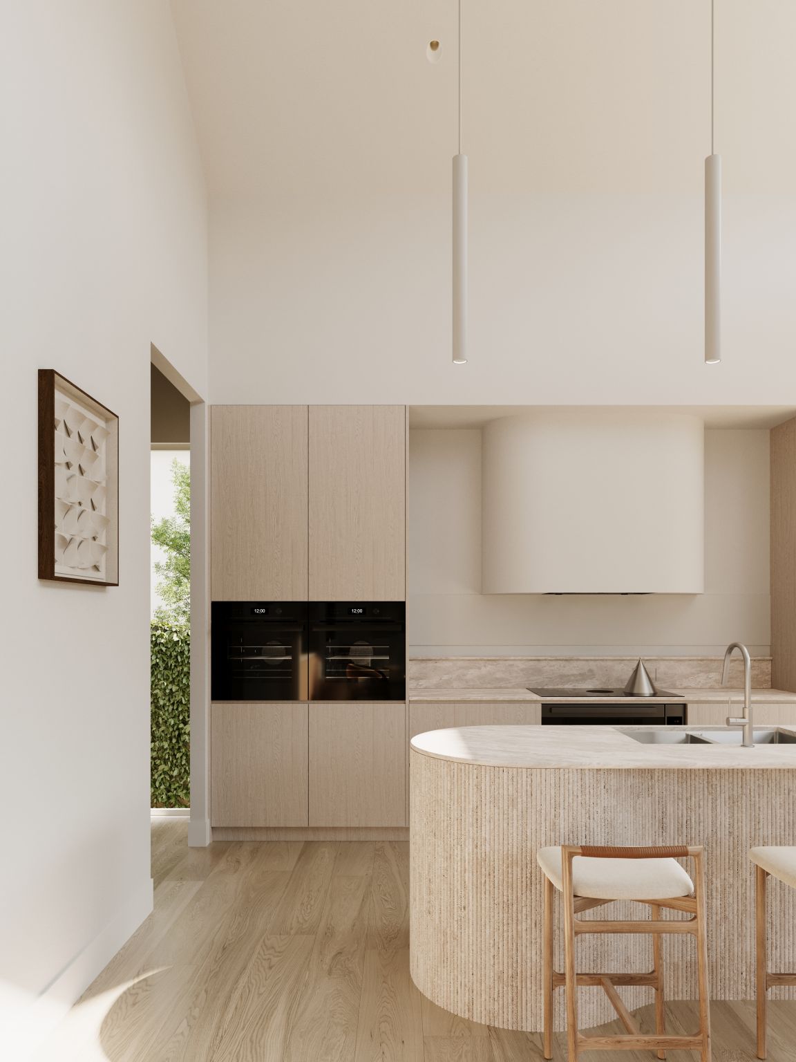 Kitchen view showing timber tall cabinetry, built-in ovens and curved island bench with bar stools