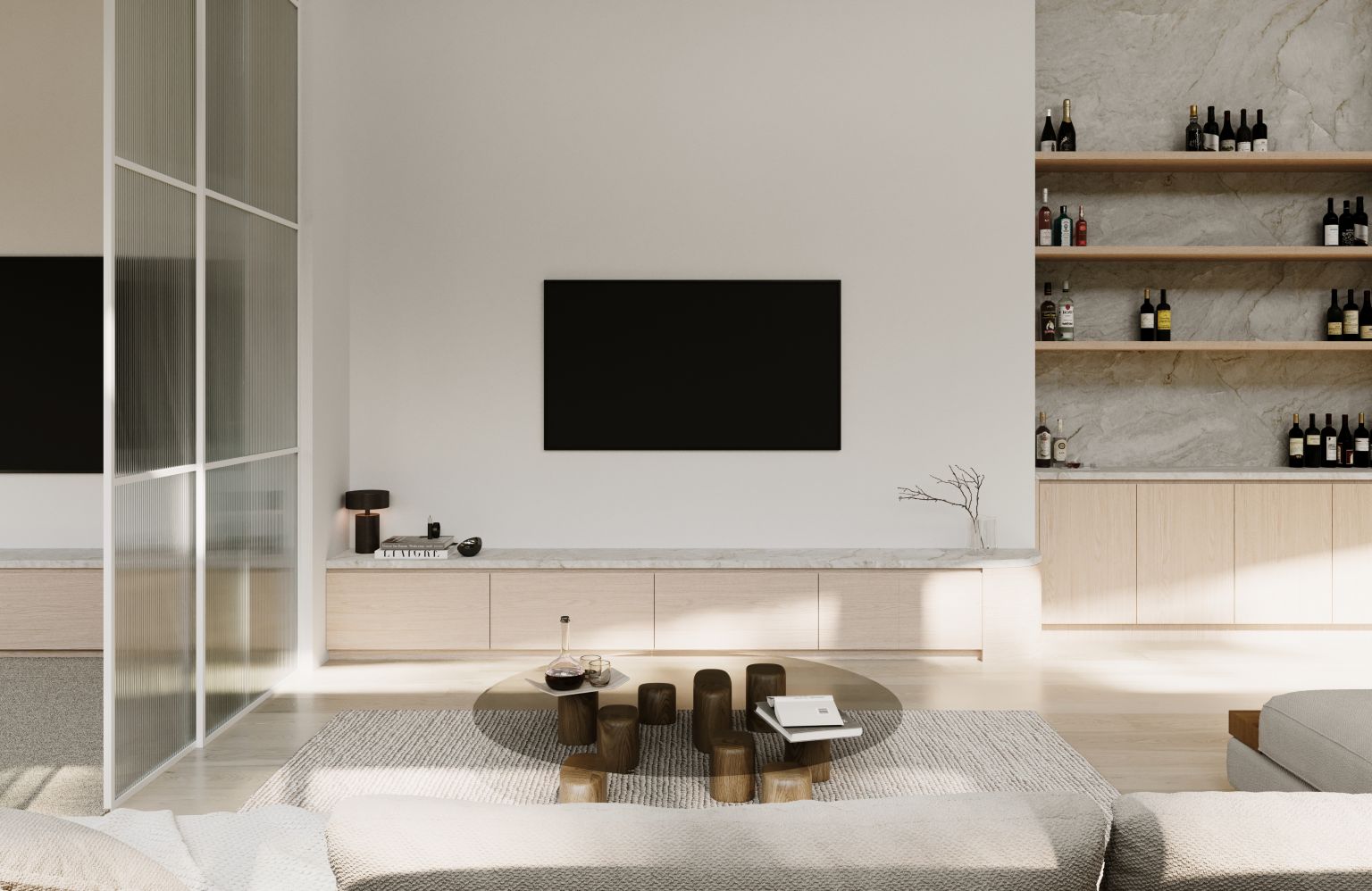 Living room with wall-mounted TV, timber media unit, marble-backed display shelving and round coffee table with timber stools