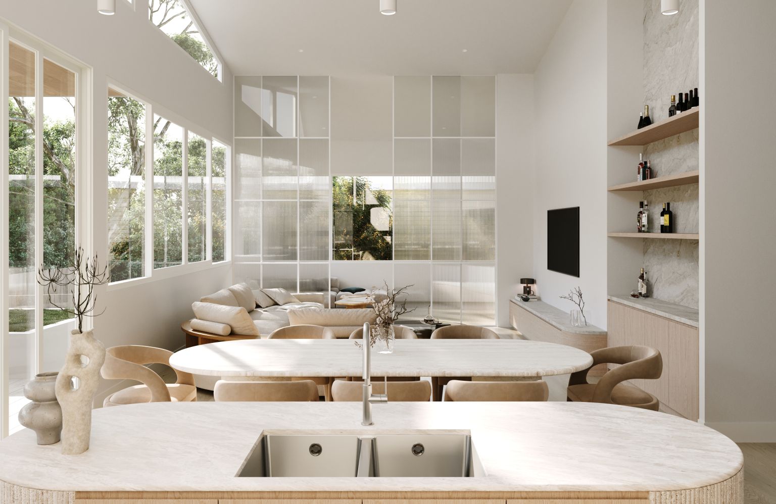 Open-plan living, dining and kitchen area with floor-to-ceiling windows, sectional lounge and built-in bar shelving