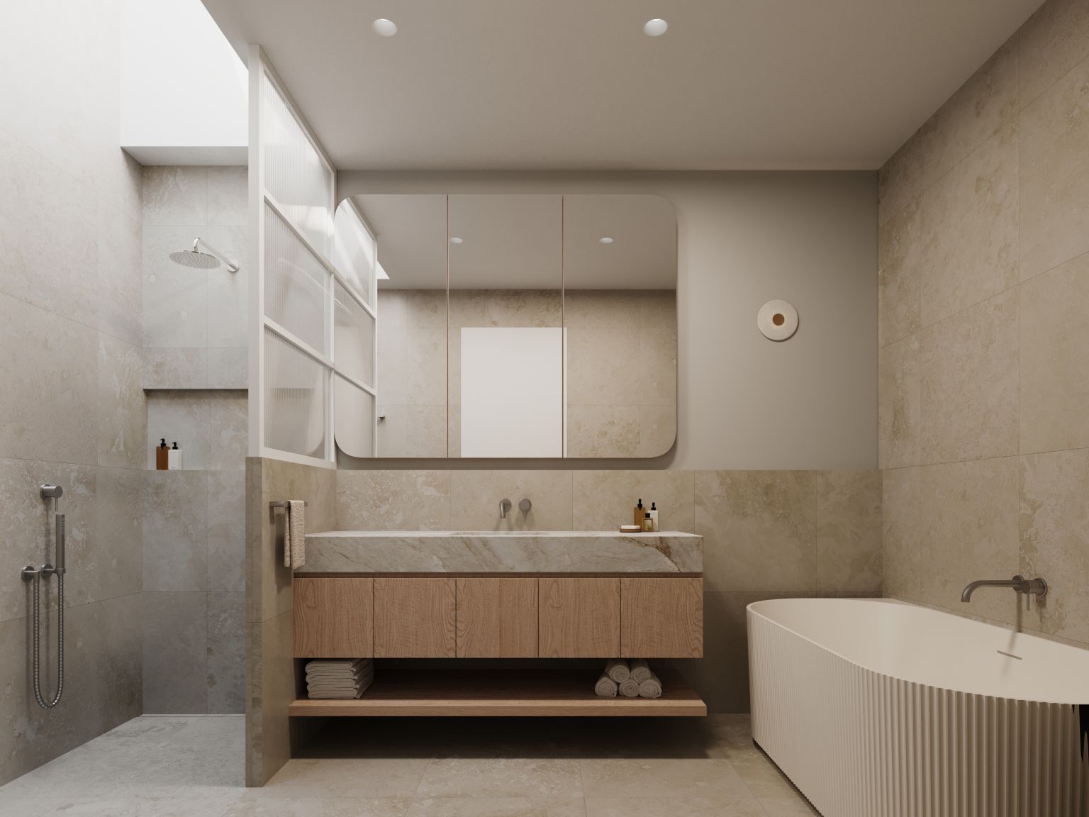 Bathroom with freestanding fluted bathtub, timber vanity, walk-in shower and large mirrored cabinet